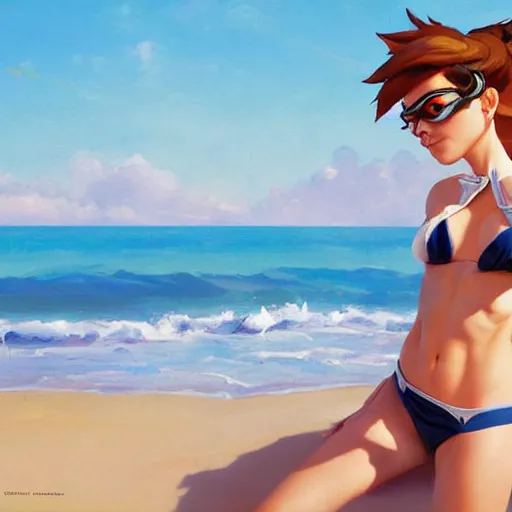 Prompt: greg manchess splashart painting of overwatch's tracer using a sexy thong bikini at beach, medium shot, asymmetrical, organic painting, sunny day, matte painting, bold shapes, hard edges, street art, trending on artstation, by huang guangjian and gil elvgren and sachin teng