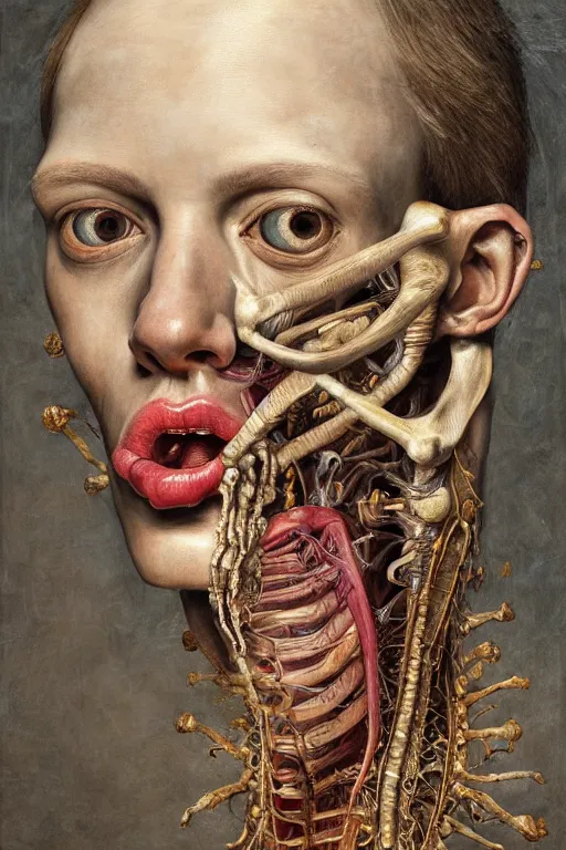 Image similar to Detailed maximalist portrait of a greek god with large lips and eyes, scared expression, botanical anatomy, skeletal with extra flesh, HD mixed media, 3D collage, highly detailed and intricate, surreal illustration in the style of Jenny Saville, dark art, baroque, centred in image