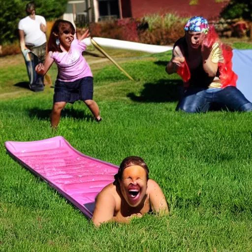 Image similar to person sliding through chocolate pudding head first, slip n slide, professional photo, funny