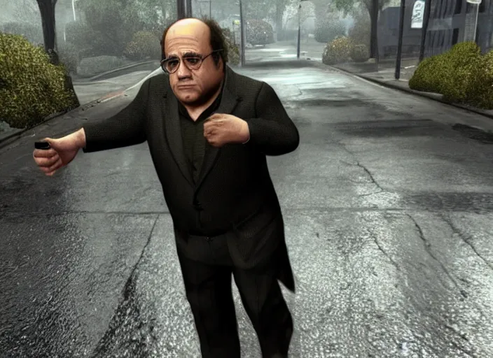 Image similar to video game still of danny devito in the video game heavy rain,