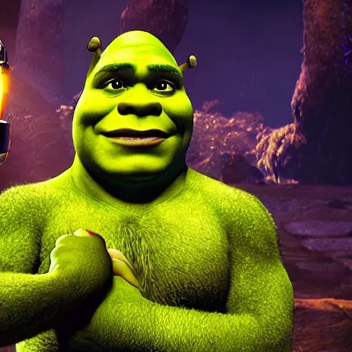 Prompt: Shrek with the infinity gauntlet