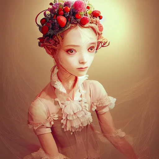 Image similar to the portrait of an absurdly beautiful, graceful, elegant, sophisticated, fashionable little girl made of strawberries and white petals looking down, an ultrafine hyperdetailed illustration by kim jung gi, irakli nadar, intricate linework, bright colors, octopath traveler, final fantasy, unreal engine 5 highly rendered, global illumination, radiant light, detailed and intricate environment