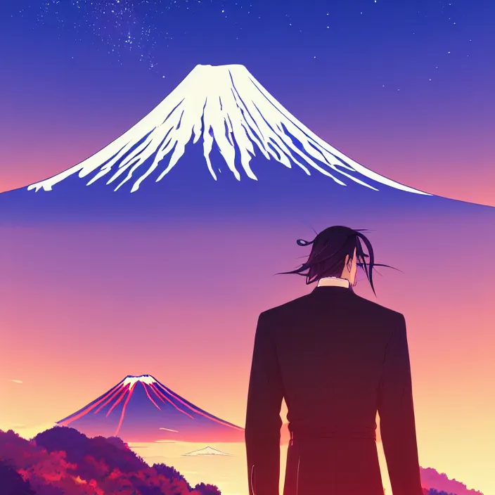 Image similar to portrait of the undertaker, mount fuji background, rich vivid colors, ambient lighting, dynamic lighting, 4 k, hq, official media, anime key visual, makoto shinkai, ilya kuvshinov, lois van baarle, rossdraws, detailed, trending on artstation