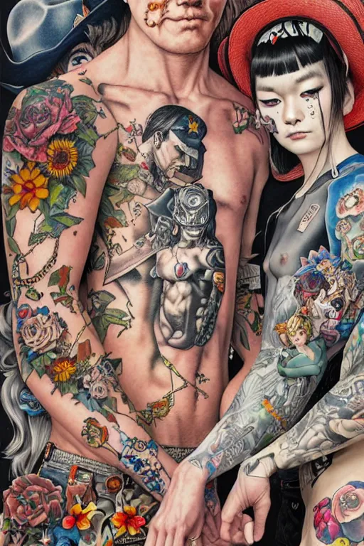 Image similar to full view, from a distance, of cowboys with tattoos, style of yoshii chie and hikari shimoda and martine johanna, highly detailed