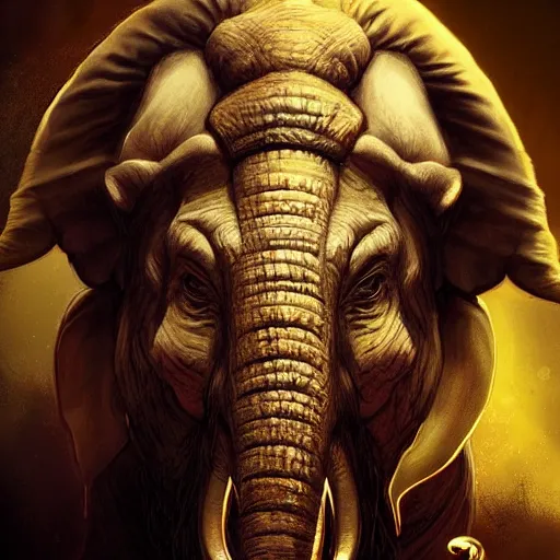 Prompt: Warlock with elephant traits. Character portrait, face close-up, of an anthro elephant warlock in the style of Bastien Lecouffe-Deharme. Tusks, long trunk holding a wand, looks like Ganesh.