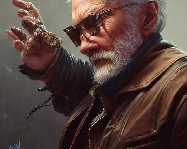 Image similar to old man with cyberpunk leather jacket, deep focus, d & d, fantasy, intricate, elegant, highly detailed, digital painting, artstation, concept art, matte, sharp focus, illustration, hearthstone, art by artgerm and greg rutkowski and alphonse mucha