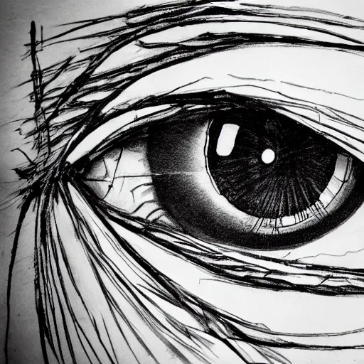 Image similar to highly detailed ink sketch of a human eye that is shattered like a mirror heavy black high contrast anatomical detail black and white