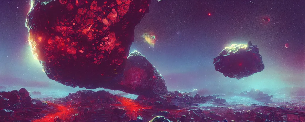 Image similar to ” asteroid made of shiny blood, [ shards, facets, by paul lehr, cinematic, detailed, epic, widescreen, opening, establishing, mattepainting, photorealistic, realistic textures, octane render ] ”