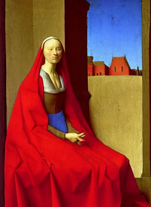 Image similar to red cloth, medieval painting by jan van eyck, johannes vermeer