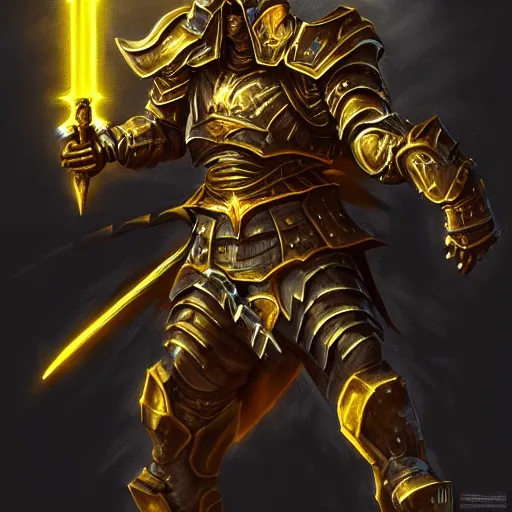 Image similar to A highly detailed matte acrylic painting of a heavily armored paladin wielding a very bright glowing gold sword, fighting in a huge battle at dusk, concept art, trending on artstation.