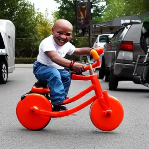 Image similar to mike tyson riding a tiny small clown bike