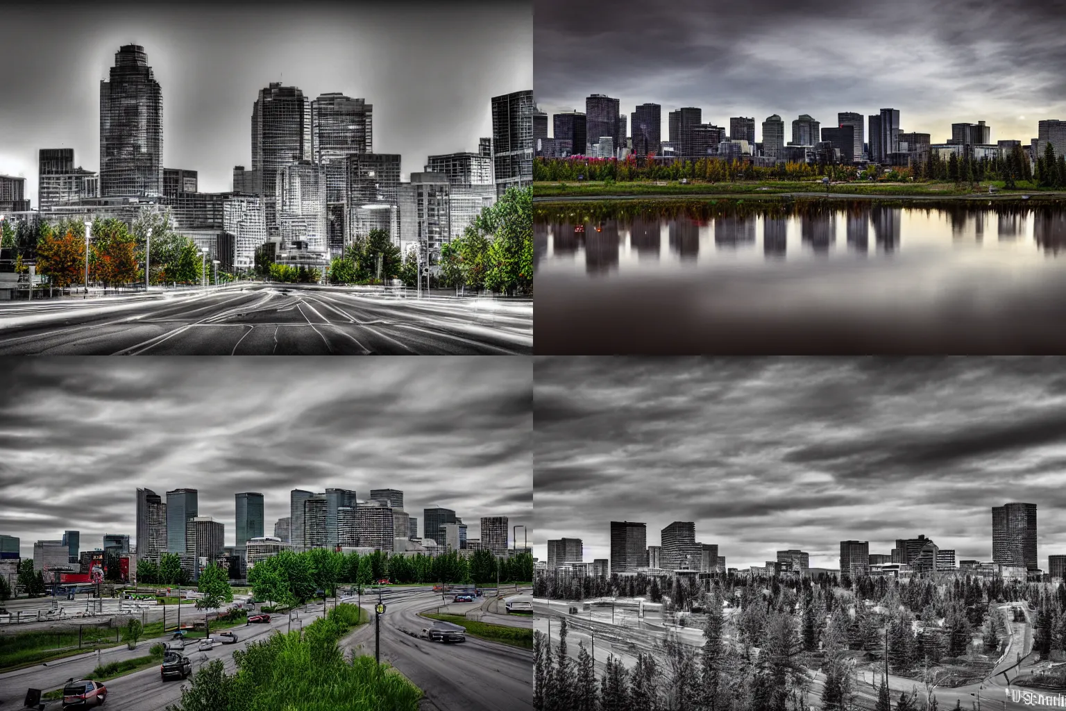 Prompt: urban landscape photo of Edmonton Alberta, humid evening, high dynamic range color, medium contrast, 1/4th shutterspeed, sigma 24mm f8
