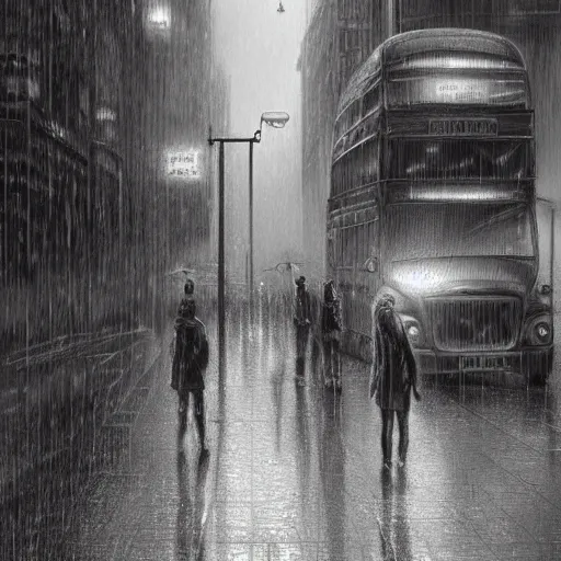 Image similar to close up of dystopian london raining with robots walking the streets, pencil sketch, realistic shaded, fine details, realistic shaded lighting poster by greg rutkowski