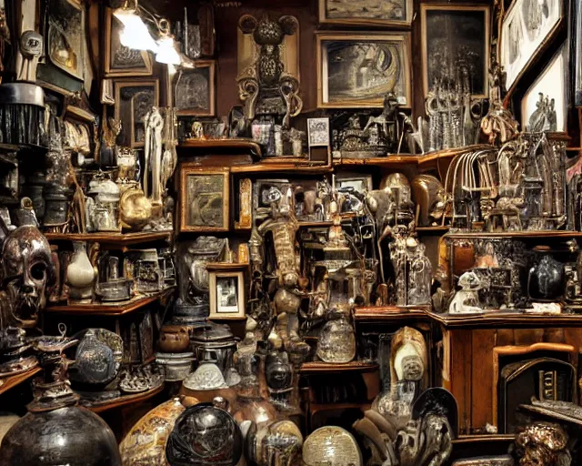 Prompt: highly detailed interior of a small antique store by giger