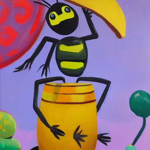 Prompt: a funky little beetle playing a bongo at a party, oil painting, high detail, funky!