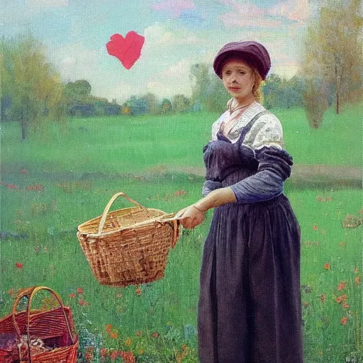 Prompt: a beautiful painting of a russian instagram heart farmer. in his arm he has a basket full of hearts. in style of ilya repin, trending on artstation