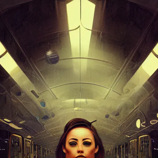 Image similar to detailed face of a woman, clockwork, moment, tectonic sky, skydome, bullet train, turbines, utopian, tech noir, wet reflections, prism, atmospheric, ambient, pj crook, syd mead, livia prima, artgerm, greg rutkowski, nick alm, casey baugh