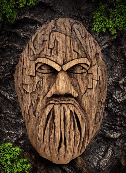 Prompt: wooden sculpture of a druid face, etched with Celtic symbols, eyes open, at a majestic forest waterfall + cascading water + fluid dynamics + particle physics, rocks, flowers, oak leaves, brown silk, glowing gold and silver embers, song of the sea inspired, Rasterized render, cgi, 3d, hyper-detailed, ultra-realistic, photo-bash, 8k post-production, masterpiece