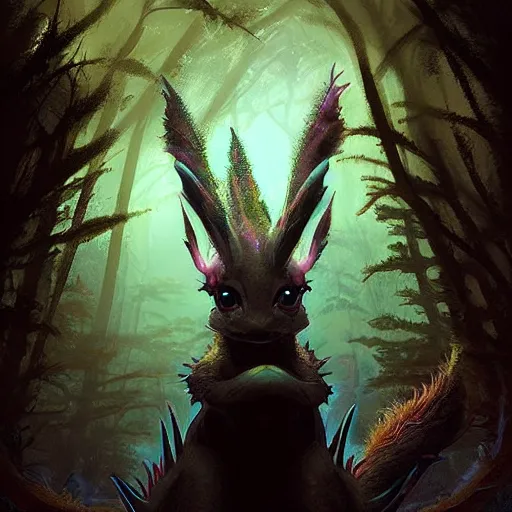 Prompt: a vaporeon as a cryptid silhouetted in a dark forest, glowing eyes, fantasy digital painting, stunning intricate details, artwork by ross tran and greg rutkowski