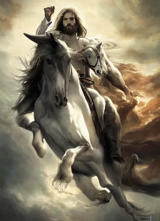 Image similar to the first horseman of the apocalypse riding a white stallion, horse is up on it's hind legs, the rider looks like jesus, ominous, beautiful, artwork by artgerm and rutkowski, breathtaking, dramatic