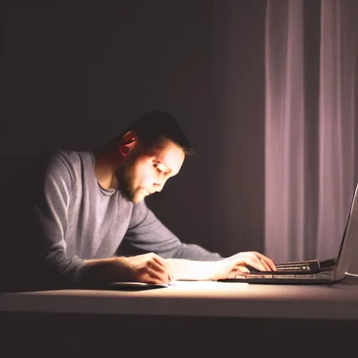 Prompt: During the night, man alone on computer illuminated only by the light of the computer screen, dark