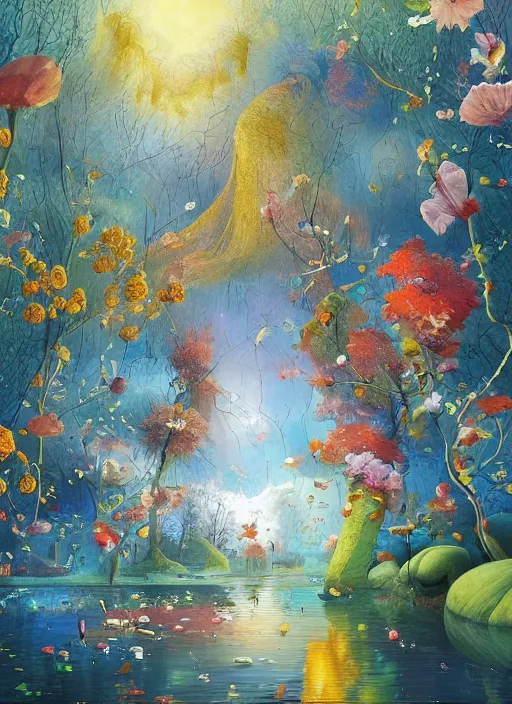 Prompt: a masterpiece! matte of the four!! seasons!! on an alien! landscape!, 🌸 ☀ 🍂 ❄, a river divides!!!, painted by gediminas pranckevicius, inspired by mimmo rotella, inspired by alberto seveso, quantum wavetracer, crepuscular rays, vray, cgsociety