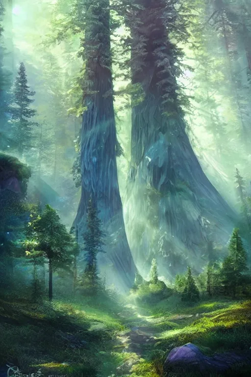 Image similar to a fairy huge sequoia, iridescent crystals on the ground, rays of light, atmospheric, matte-painting, trending on artstation