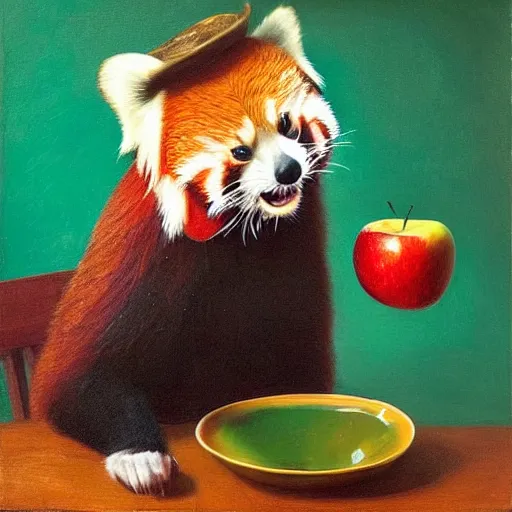 Prompt: Red panda wearing a straw hat while eating an apple portrait, atmospheric lighting, painted, golden ratio, golden hour, intricate, highly detailed by Rembrandt