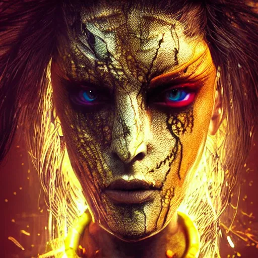 Prompt: sexy beautiful woman with yellow snake eyes, dragon skin, head made of mech mask rendered in unreal engine, movie shot from the witcher, cyberpunk universum, dark scifi, painted by carne griffiths and beksinski