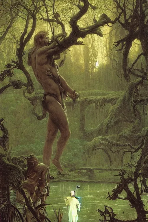 Image similar to the warrior god zeus walks in dark gardens beside a small pond, misty, stately home visible in distance through trees, greg staples, jack kirby, boris vallejo, ruan jia, lawrence alma tadema, zdzislaw beksinski, carl spitzweg, everett raymond kinstler, norman rockwell