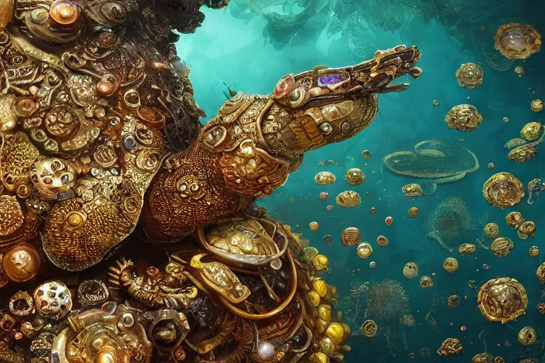 Image similar to beautiful painting close up of a huge caretta wearing an armour of jewels incrusted with golden beetles in vast ocean coral reef, water bubbles, intricate details, jewel fishes, two magnificent jelly fish, realistic shaded , steampunk, highly detailed, artstation, illustration by james gurneyand Ruan Jia , octane render, 4k, dynamic light, volumetric light, neon lights, cinematic mood