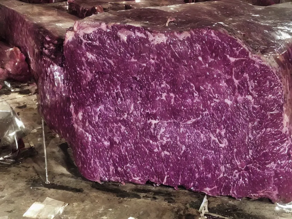 Image similar to shiny purple slab of meat being eaten by flies, warehouse, slaughterhouse, nightmare, horror,