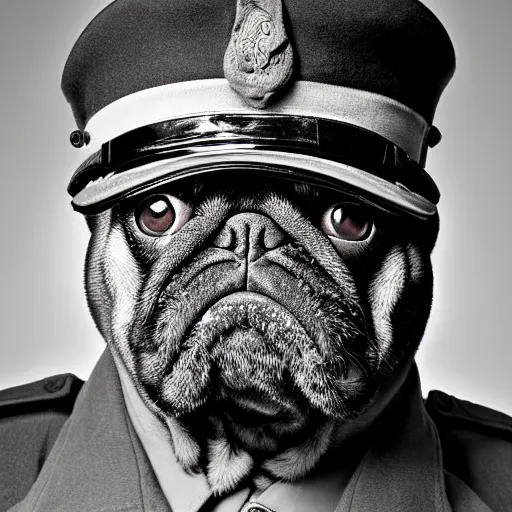 Prompt: portrait of a pug as a military man, dark background, studio light, hdr, nikon 2 4 mm f / 1. 8 g, by sebastiao salgado