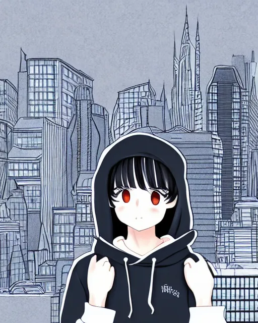 Image similar to black haired girl wearing hoodie, detailed city background, anime illustration by anmi