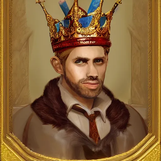 Image similar to a painting of a man wearing a crown, a character portrait by rajmund kanelba, polycount contest winner, renaissance, d & d, detailed painting, storybook illustration