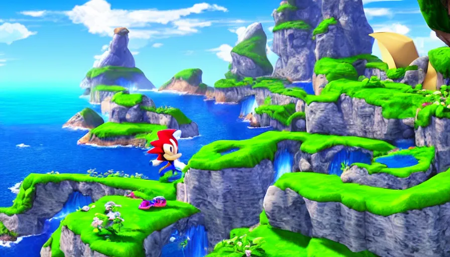 Prompt: beautiful landscape photography in the style of sonic the hedgehog, amazing view, afternoon