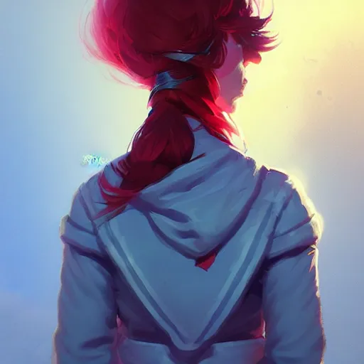 Image similar to madeline from celeste, blue bubble jacket red long hair, highly detailed, digital painting, artstation, concept art, sharp focus, illustration, art by greg rutkowski and alphonse mucha