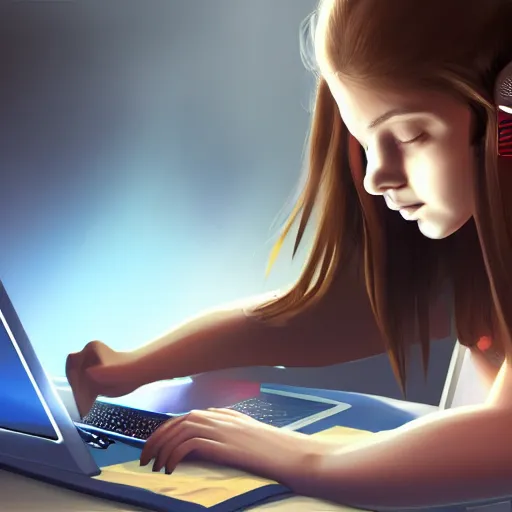 Image similar to realistic teenager using laptop in super tech room, artstation trends, concept art, highly detailed, intricate, sharp focus, digital art, 8 k