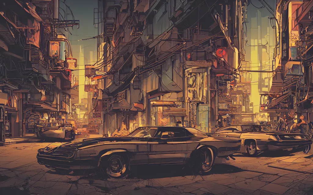 Image similar to very detailed, prophet graphic novel, ilya kuvshinov, mcbess, rutkowski, simon roy, illustration of a cyberpunk industrial alley with a muscle car, colorful, cinematic composition, studio lighting