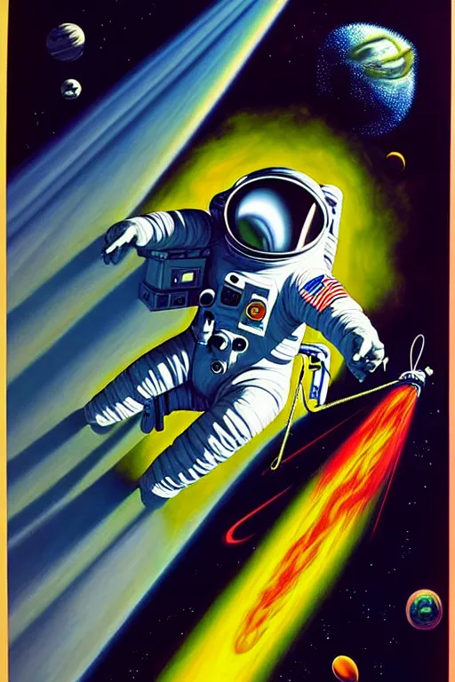 Image similar to a hyperrealistic painting of an astronaut being pulled into the vacuum of space. cinematic horror by jimmy alonzo, the art of skinner, chris cunningham, lisa frank, richard corben, highly detailed, vivid color,