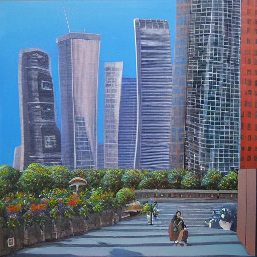 Prompt: a beautiful painting of modren Skyscrapers,by Miyazaki Hayao