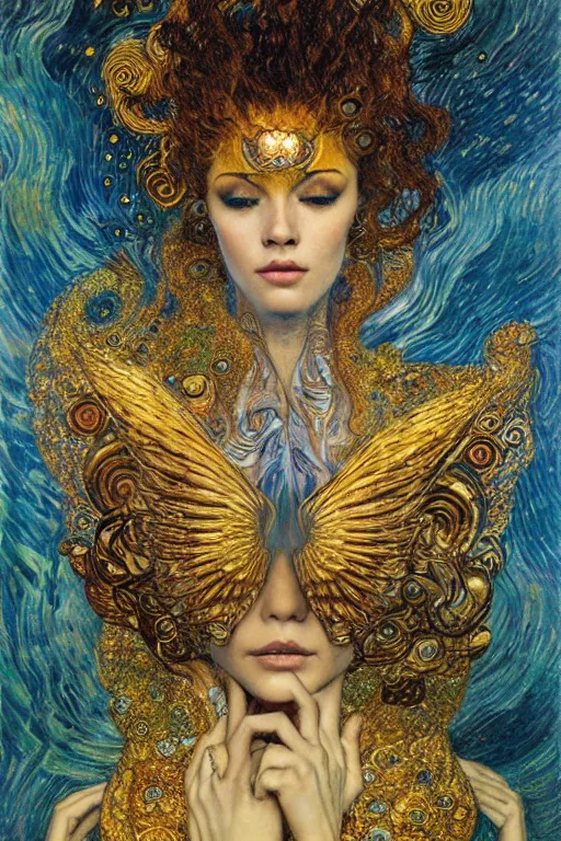 Image similar to Visions of Paradise by Karol Bak, Jean Deville, Gustav Klimt, and Vincent Van Gogh, visionary, otherworldly, celestial, fractal structures, infinite angel wings, ornate gilded medieval icon, third eye, spirals, heavenly spiraling clouds with godrays, airy colors