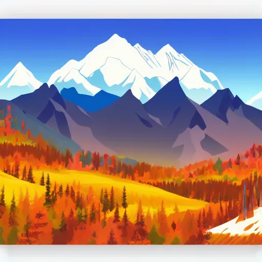 Image similar to flat design of Scenic fall landscape with snow-capped mountains in Denali National Park, Alaska, vivid colours, extremely colourful, magical, anime style, digital illustration, extremely realistic, accurate details, clean aesthetic, remove dirt and dust and scratches, denoise, smooth texture, 2d art
