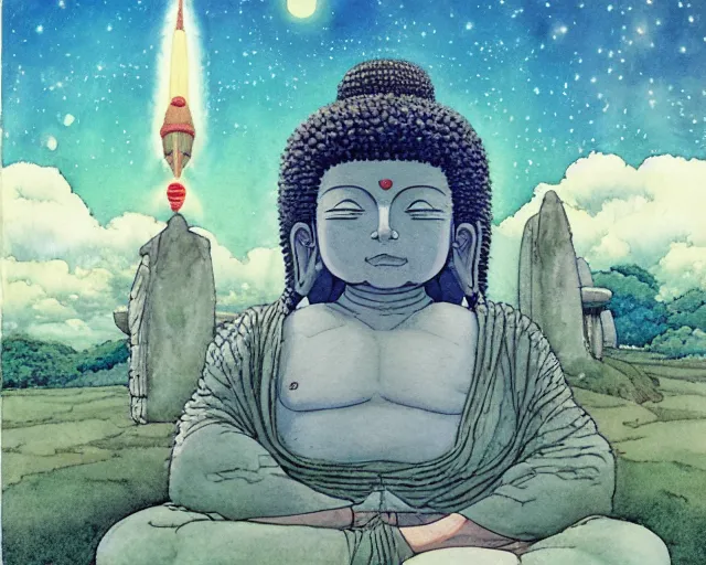 Image similar to a hyperrealist studio ghibli watercolor fantasy concept art of a giant long haired buddha in lotus position in stonehenge with a starry sky in the background. a giant rocket ship from independence day ( 1 9 9 6 ) is floating in the air. by rebecca guay, michael kaluta, charles vess