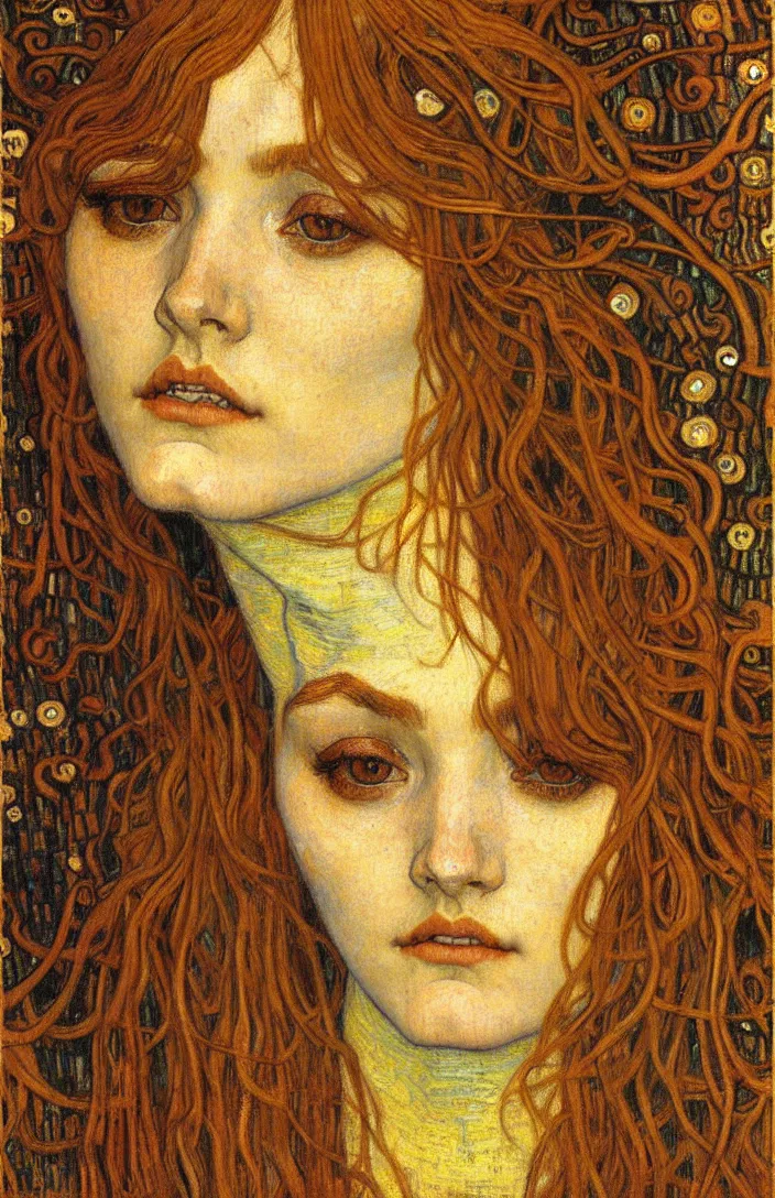 Image similar to detailed realistic beautiful young medieval queen face portrait by jean delville, gustav klimt and vincent van gogh, art nouveau, symbolist, visionary, gothic, pre - raphaelite, muted earthy colors, desaturated