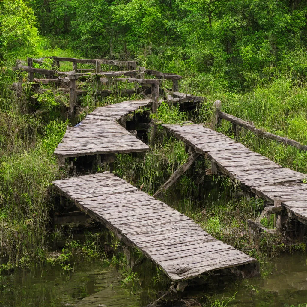 Image similar to old wooden bridge to small very polluted pond, scary, ambient, smoking, shocking, very detailed, 4 k, professional photography