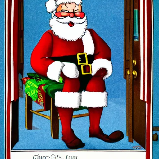 Prompt: santa claus sitting on the toilet in the style of currier & ives