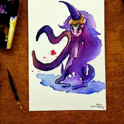 Image similar to whimsical watercolor painting of a demon, in the style of a. a. milne