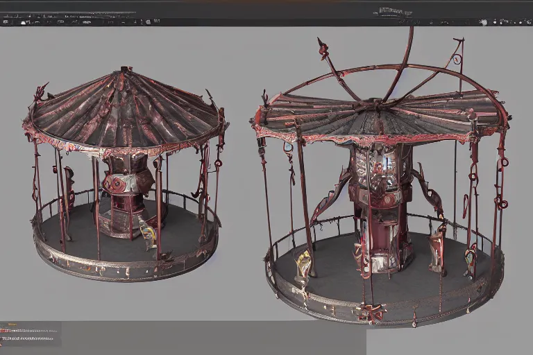 Prompt: 3d sculpt of an evil ironwork carousel, artstaton, League of Legends, red dead redemption2, overwatch, digital illustration