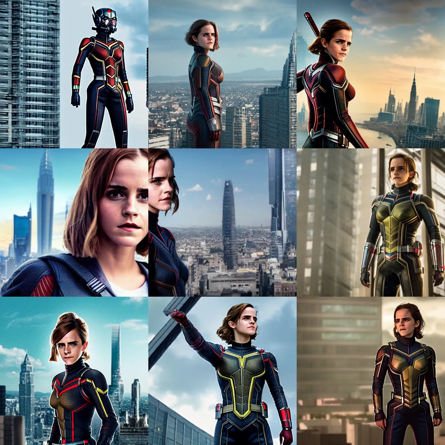 Prompt: Emma Watson as Giant Man, towering over a city, headshot, film still from 'Ant-Man and the Wasp'